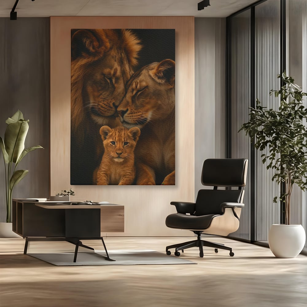 Tablou canvas cu tablou canvas cu familie de lei, fara rama, pe sasiu de lemn, pe perete intr-un birou